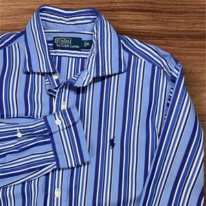 Polo Ralph Lauren Men’s Blue and White Stripes, Long Sleeve Dress Shirt. Medium